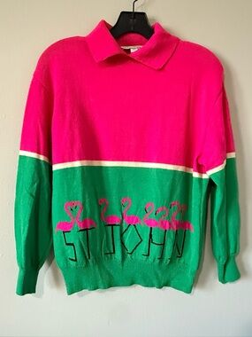 St John Miami Pink Flamingo Collared Sweater Vintage Top Long Sleeve Small